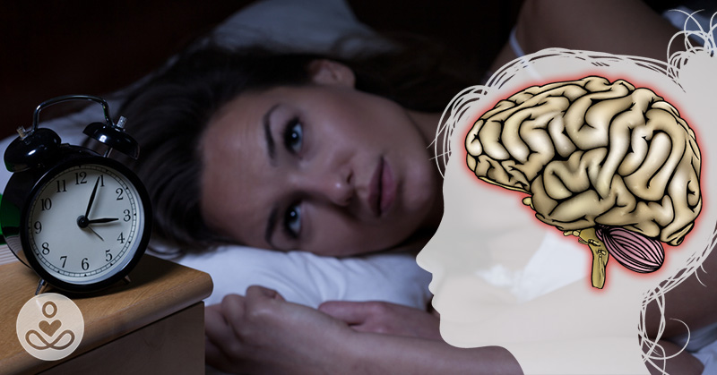 woman awake at night in bed. Alarm clock on bedside table. Illustration of human head with brain, cross section.