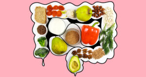 Gut health concept. Illustration of bowel containing various whole foods