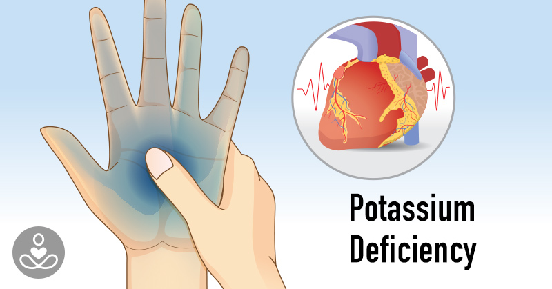 potassium deficiency concept. Illustration of person holding own hand due to cramping and a human heart