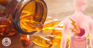 supplement bottle with softgel capsules spilled onto a surface. Illustration of man with lightning bolts emanating from abdomen. Vitamin D deficiency concept