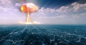 nuclear explosion (mushroom cloud) seen in distance in a city