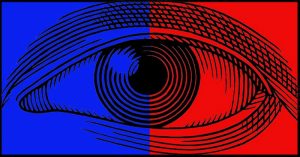 Only People With Perfect Color Vision Can Read These Words An artistic rendering of a human eye with a red hue on the right and blue hue on the left