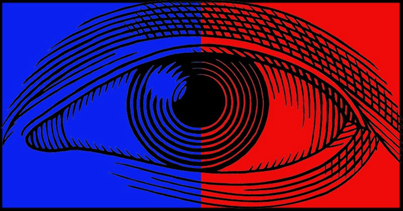 An artistic rendering of a human eye with a red hue on the right and blue hue on the left