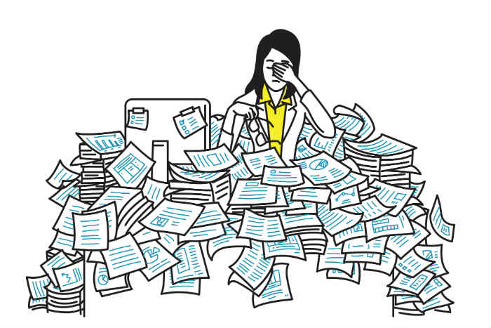 Cartoon Drawing of a woman literally buried in a pile of paperwork