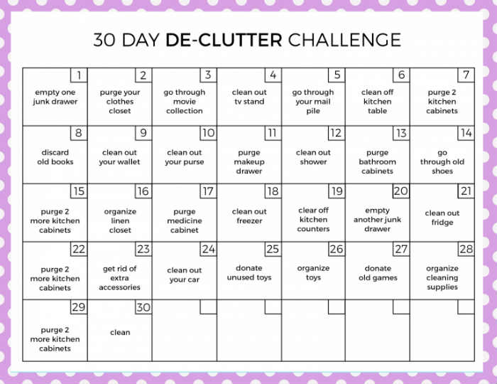 30 Day De-Clutter Challenge Calendar - Printable Download