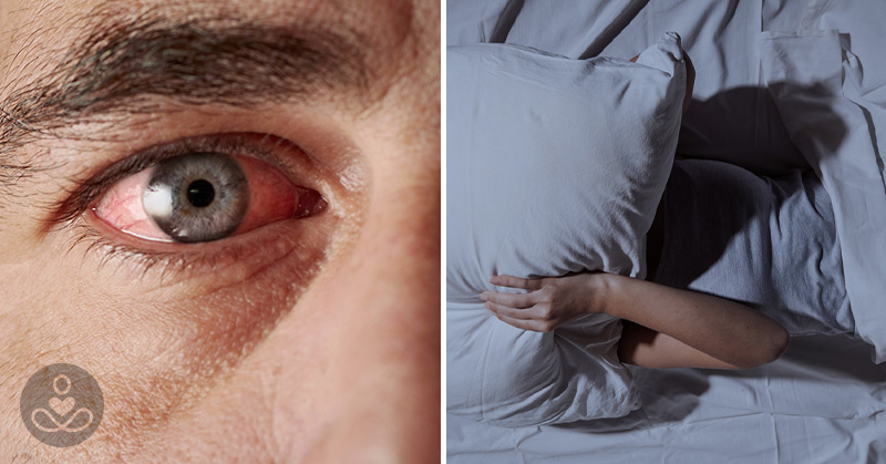 Split image of a person with red eyes and a person restless in bed.