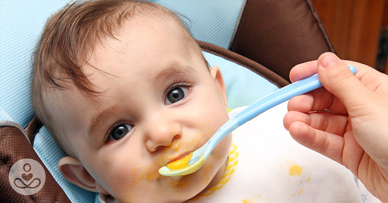child eating baby food wearing a bib sitting in a high chair