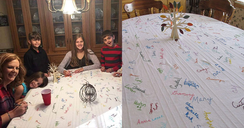 tablecloth filled with signatures