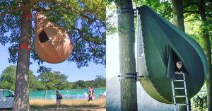 Find your inner Tarzan by sleeping in the trees in these awesome raindrop-shaped tents teardrop tents