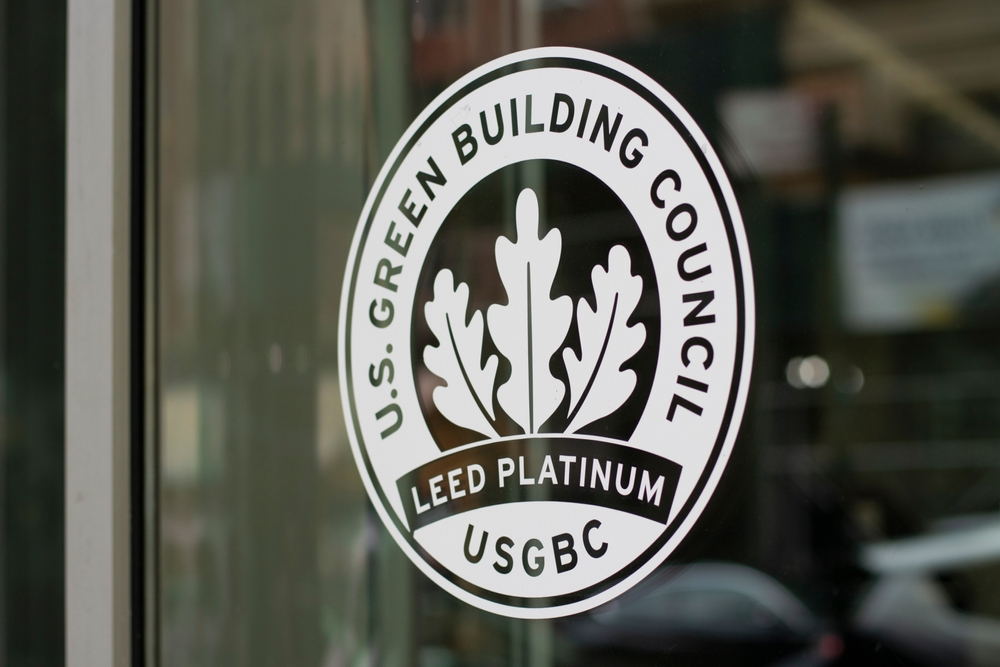 New York, NY, USA - July 5, 2022: Closeup of the LEED Platinum certificate issued by the U.S. Green Building Council (USGBC) seen at the entrance to an office building in New York City.