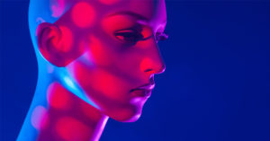 woman in red light on blue background