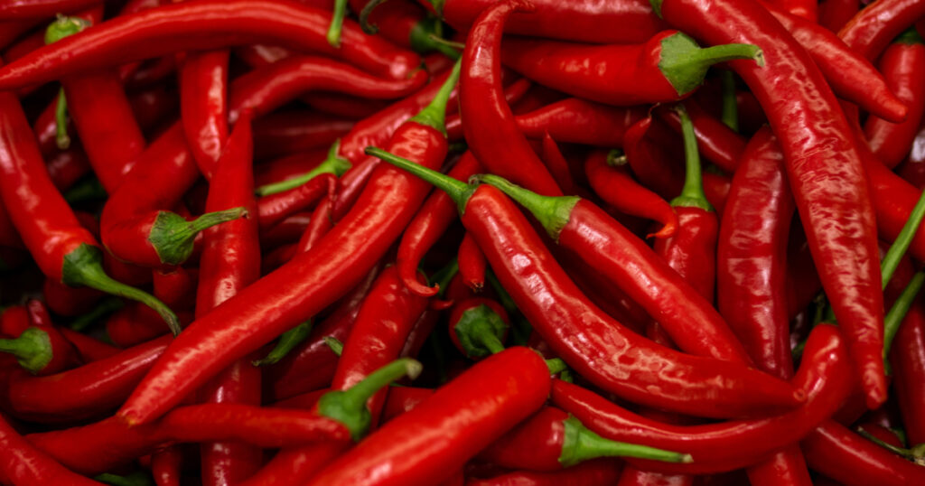 Red hot chilli peppers pattern texture background. Close up. Landscape. A backdrop ofRed hot chilli peppers. Street vegetable market. Group of Red hot chilli peppers
