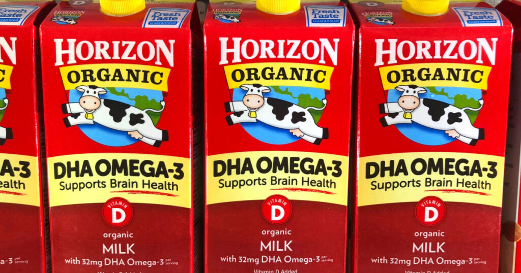 Alameda, CA - July 16, 2018: Grocery store shelf with cartons of Horizon Organics brand milk with DHA Omega-3. Supports brain health.
