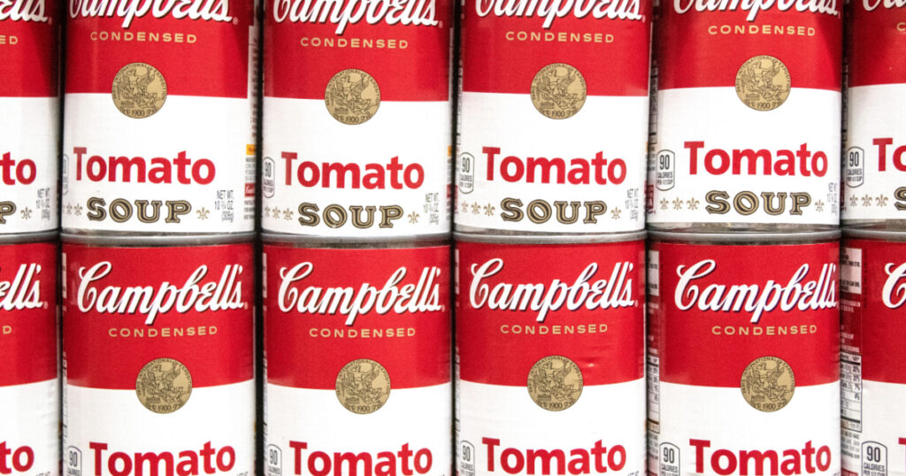 Los Angeles, CA/USA 04/03/2019 Tin cans of Campbell’s tomato soup for sale in a supermarket shelf
