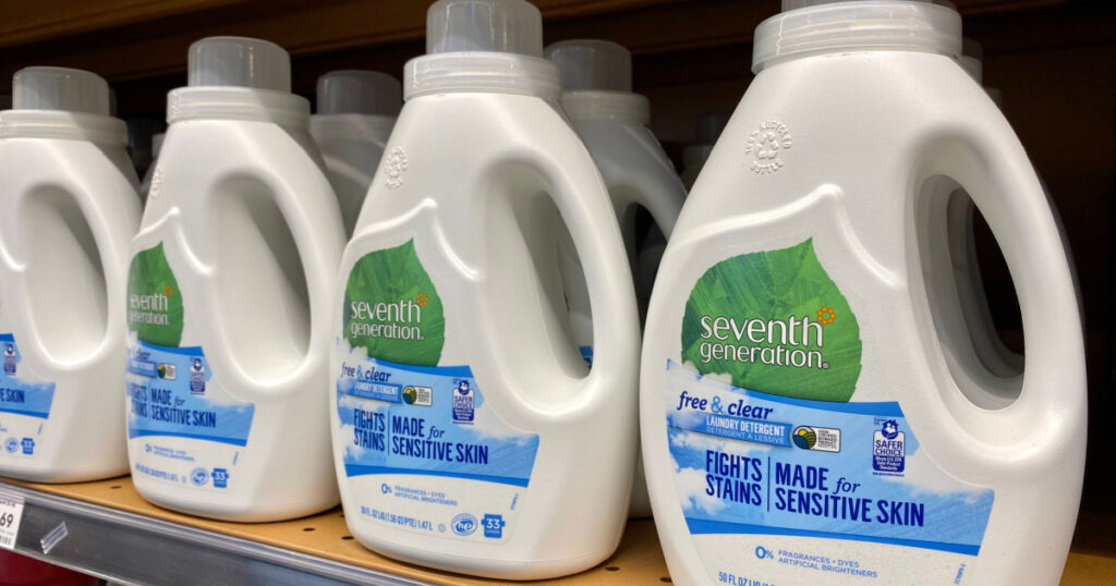 San Jose, CA - November 15, 2019: Bottles of Seventh Generation laundry detergent on store shelf.
