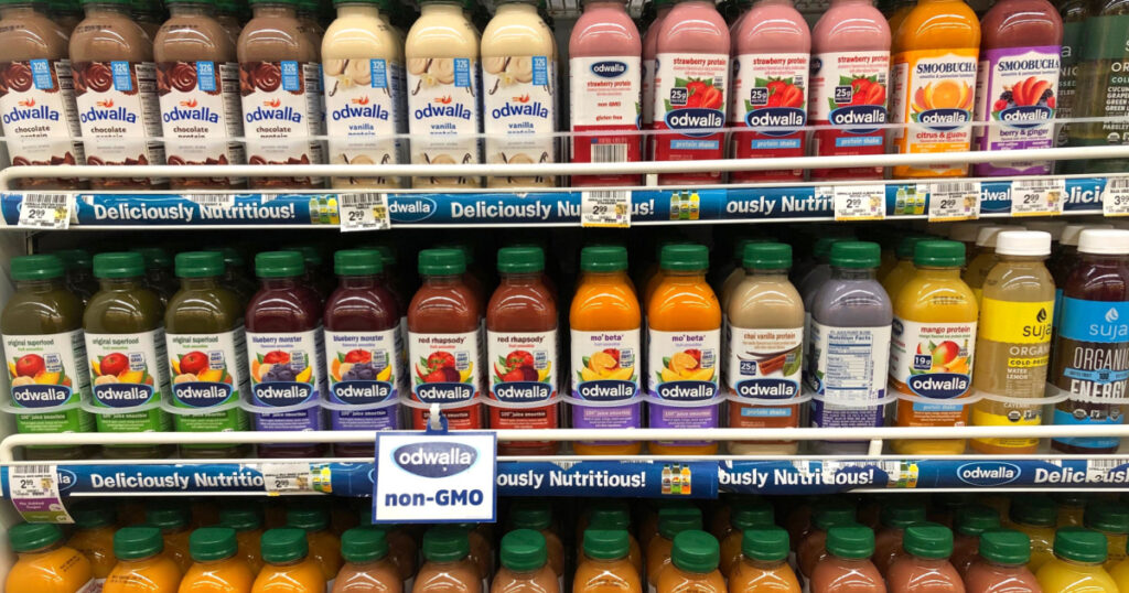 Alameda, CA - Dec 18, 2019: Grocery store shelves with bottles of odwalla brand non GMO beverages in various flavors.
