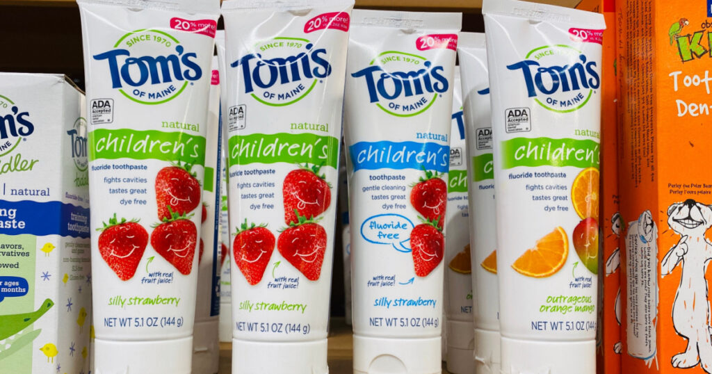 Ros, CA - December 13, 2020: Tom's of Maine Children's toothpaste tubes on shelf inside Whole Foods Market.
