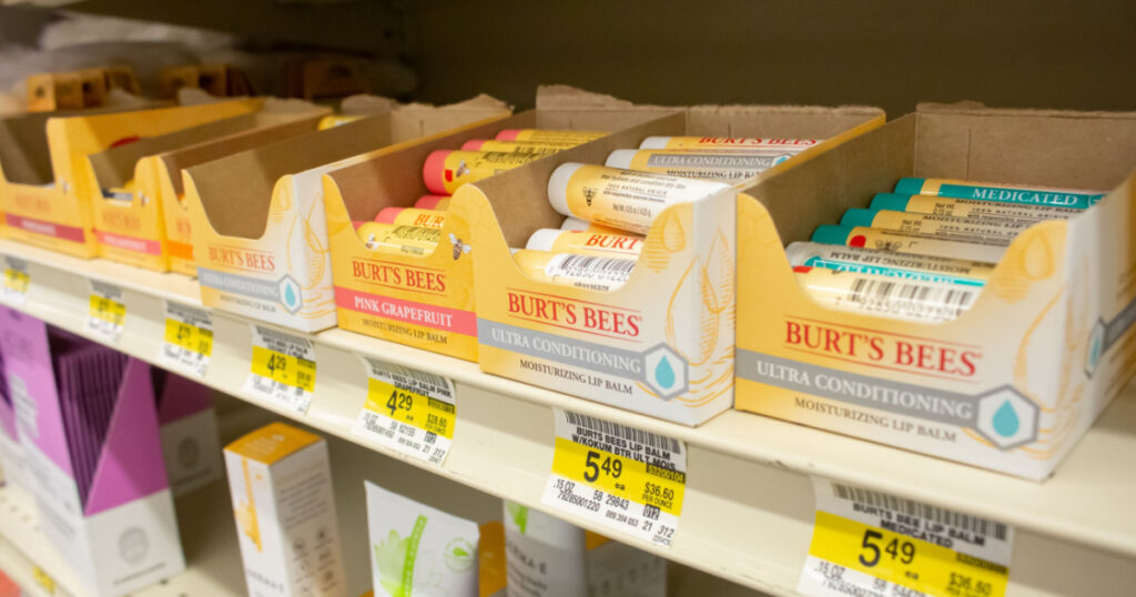 Los Angeles, California, United States - 02-01-2023: A view of several sticks of Burt's Bees lip balm, on display at a local grocery store.
