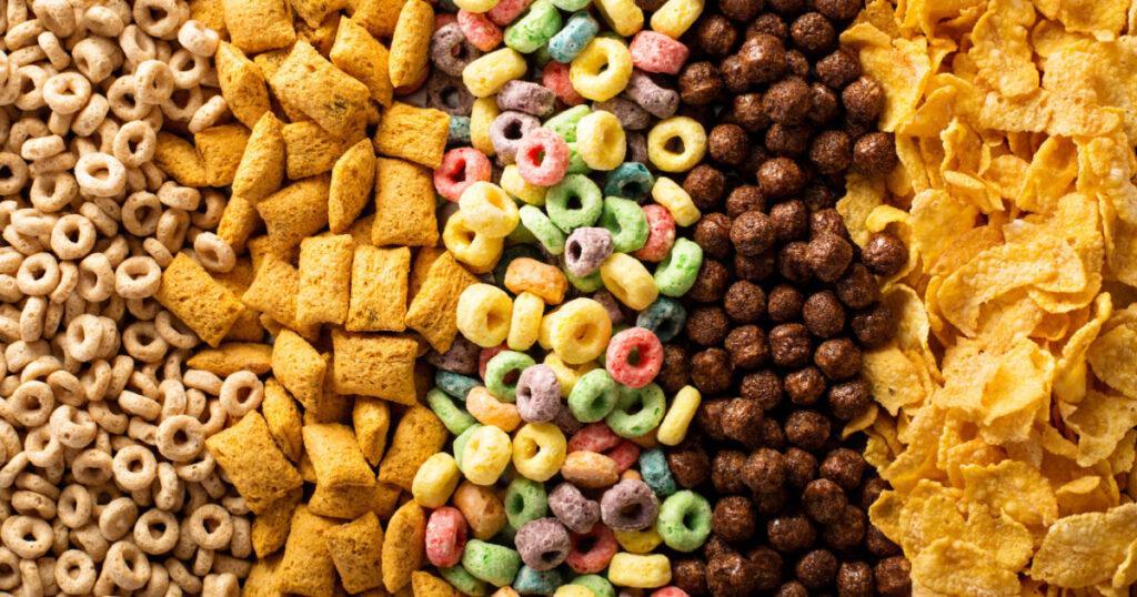 Variety of cold cereals, quick breakfast for kids overhead shot
