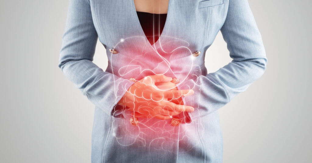 Illustration of internal organs is on the woman's body against the gray background. Business Woman touching stomach painful suffering from enteritis. internal organs of the human body. IBS
