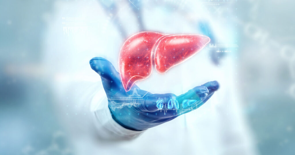 The doctor looks at the Liver hologram, checks the test result on the virtual interface, and analyzes the data. Liver disease, donation, innovative technologies, medicine of the future.
