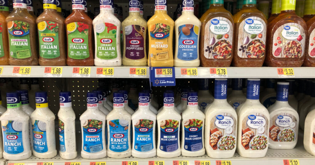 Spencer, Wisconsin, March,16, 2018 Several bottles of Dressing on a modern Grocery store shelf
