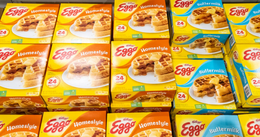 Los Angeles, CA/USA 08/20/2019 Carton boxes of Kellogg's Eggo brand frozen belgian waffles for sale in a supermarket freezer
