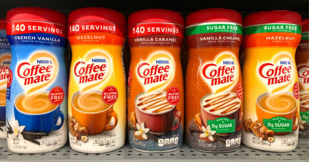 San Leandro, CA - Sept 4, 2020: Grocery store shelf with containers of Nestle brand Coffee mate creamers in various flavors. With sugar and sugar free.
