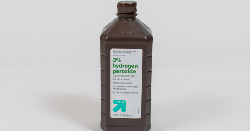 Ros, CA - January 24, 2021: 3 percent Hydrogen Peroxide topical solution USP bottle on white background.
