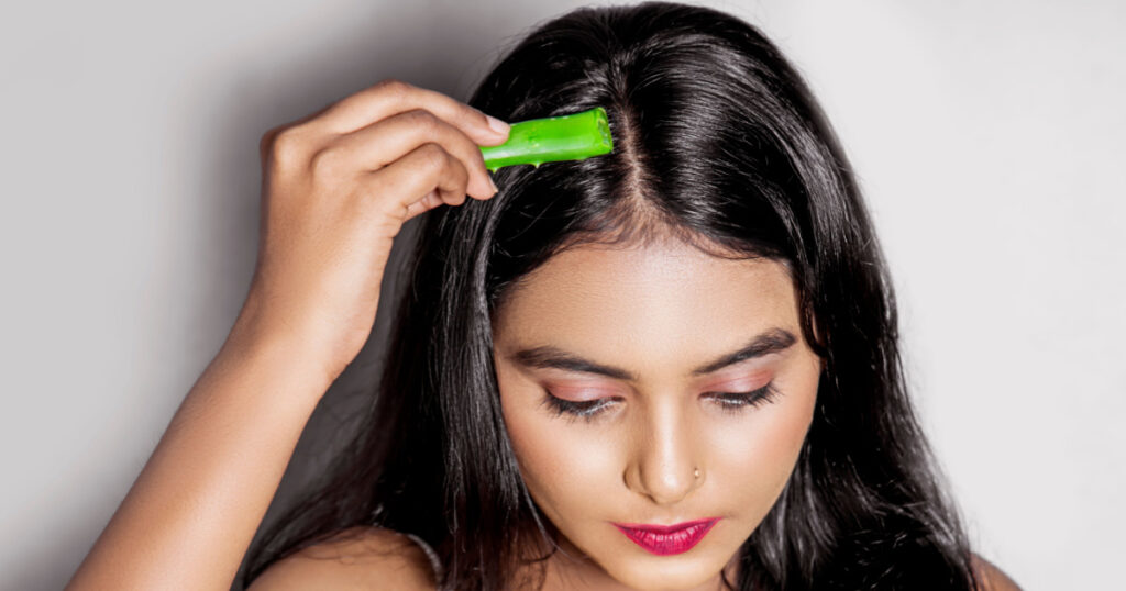 Asian Young beautiful woman with long healthy black hair applying green Aloe Vera leaf on scalp. isolated on gray background
