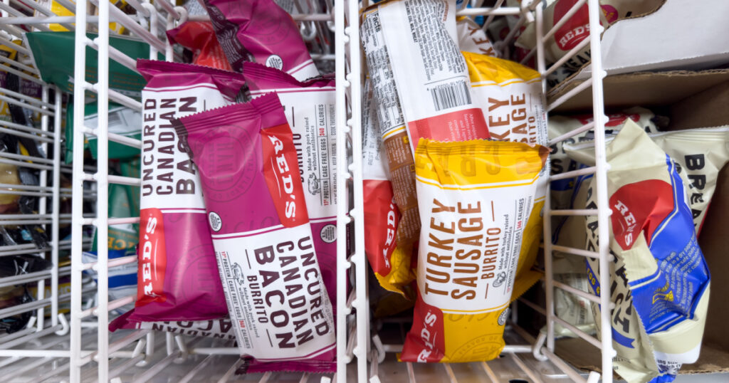 Los Angeles, California, United States - 02-01-2023: A view of several packages of Red's frozen burritos, on display at a local grocery store.
