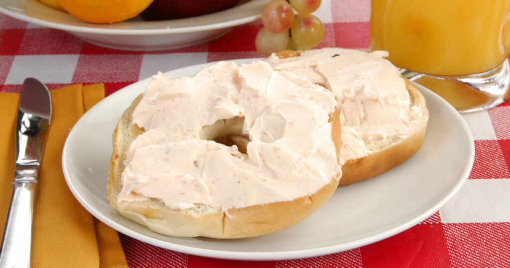 A bagel with salmon cream cheese on it
