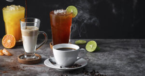 various beverages include coffee, ice tea, orange juice