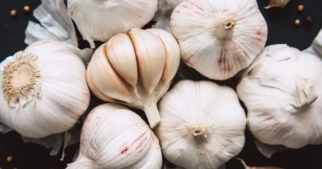 Garlic bulbs on black background, close-up. Organic garlic top view. Food background. Selective focus.
