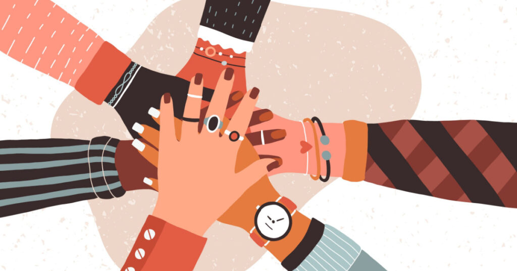 Hands of diverse group of people putting together. Concept of cooperation, unity, togetherness, partnership, agreement, teamwork, social community or movement. Flat cartoon vector illustration.
