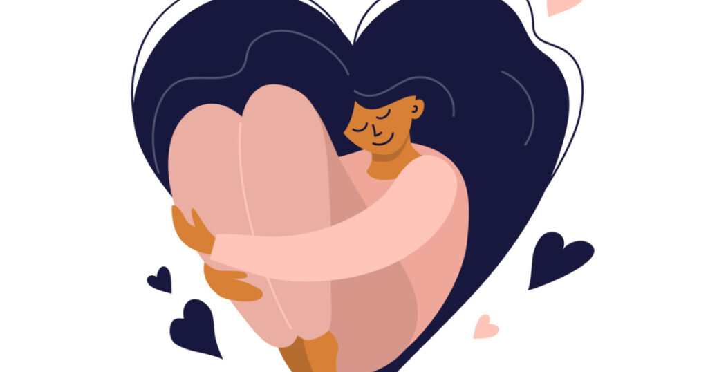 Cute girl with heart shaped long hair. Self care, love yourself icon or body positive concept. Happy woman hugs her knees. Illustration of International Women's day. Vector postcard, valentines card.
