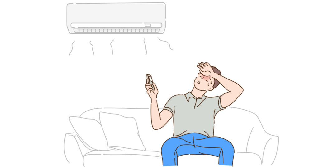 Young man operating air conditioner while sitting on sofa at home. Hand drawn in thin line style, vector illustrations.
