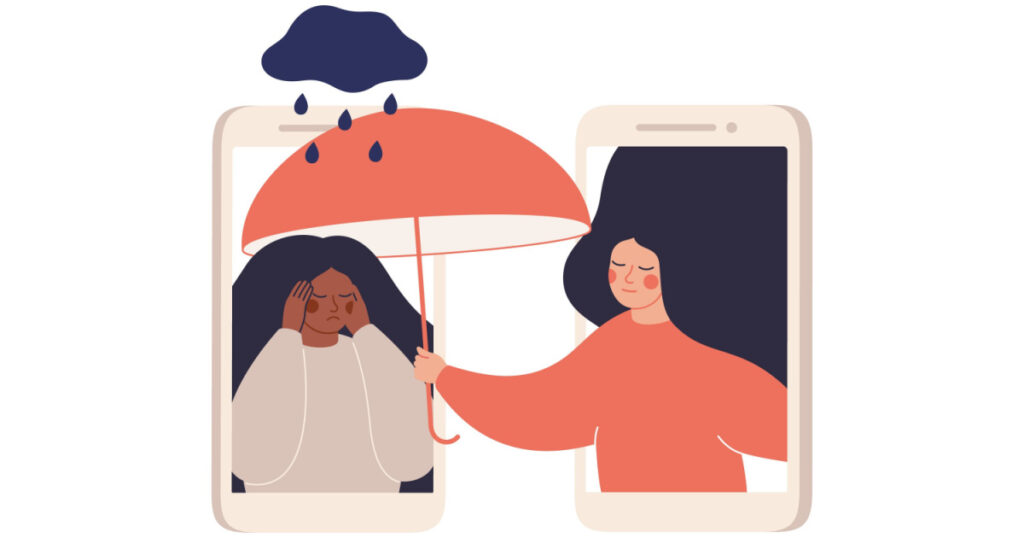 Girl comforts her sad friend over the phone. Woman supports female with psychological problems. Online therapy and counselling for people under stress and depression over online services. Vector
