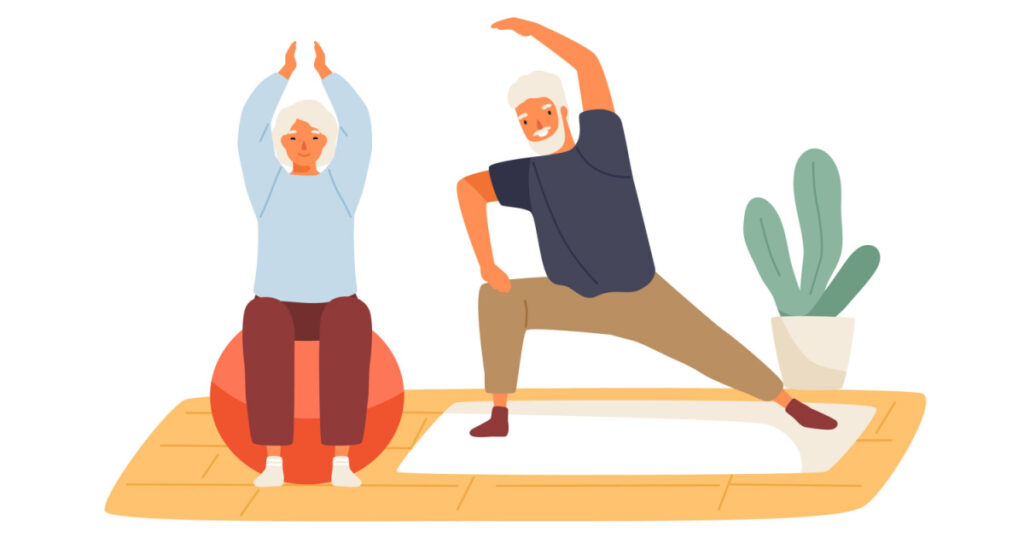 Elderly couple practicing yoga at home vector flat illustration. Active mature man and woman doing exercise on mat and aerobic ball isolated. Family enjoy sport and healthy lifestyle together
