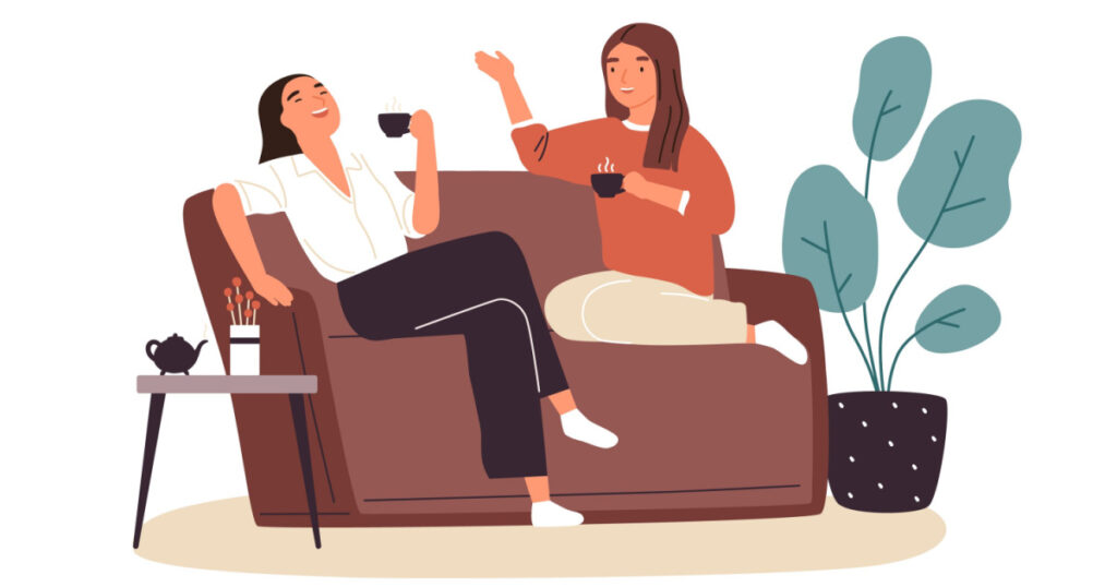 Smiling woman friends drinking tea at home vector flat illustration. Happy female laughing and gossiping sit on comfortable couch isolated. People spending time together having friendly conversation
