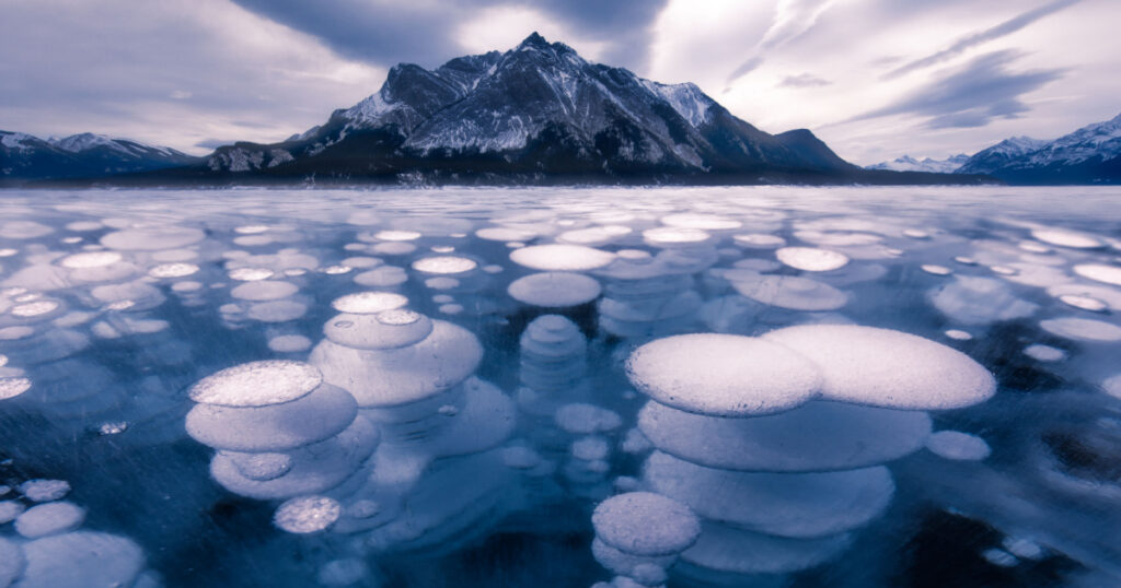 Abraham lake winter ice formation bubbles
