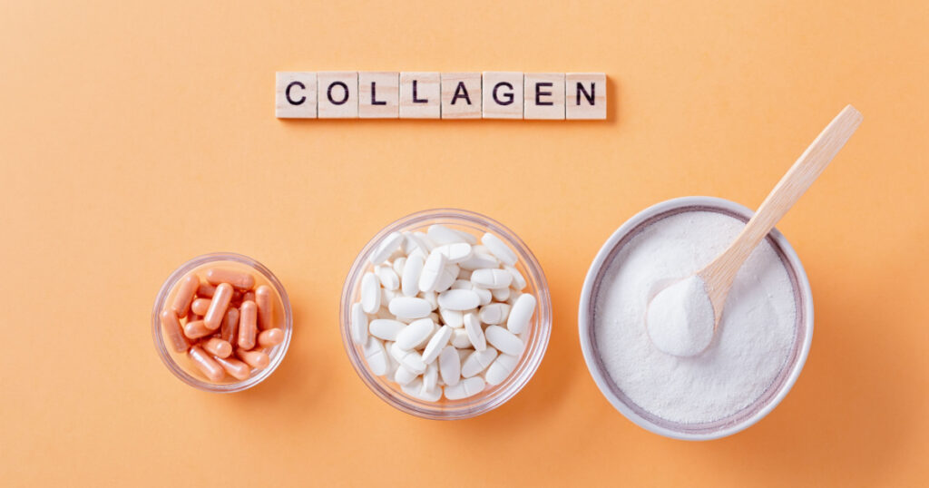 Different types of collagen for skin care flat lay with collagen quote made of wooden blocks
