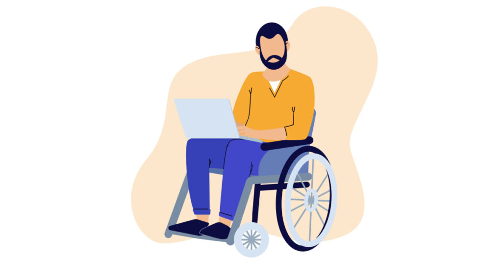 Wheelchair man working at laptop. Concept of employment and social adaptation of disabled people. Equal opportunities. Character outline with disabilities. Inclusivity. Vector illustration
