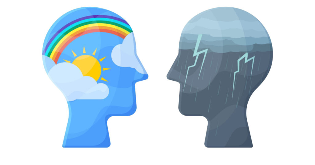 Psychology support, negative and positive mental health concept. Opposite bad and good states of mind vector illustration. Heads with different mental health mood. Sad and happy emotions
