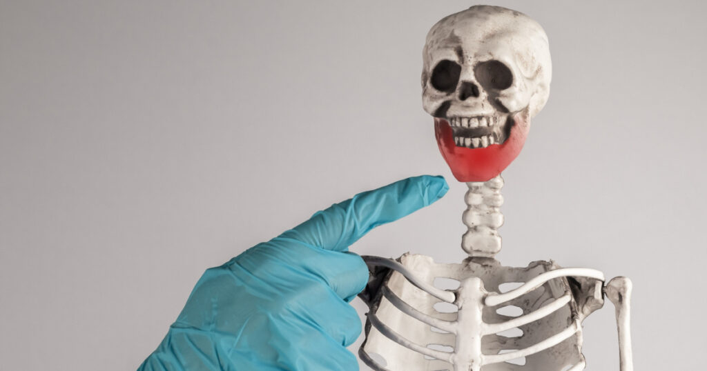 Doctor forefinger pointing to skeleton lower jaw with red spot. Mouth injury, infection. Skeletal system anatomy, body structure, medical education concept.