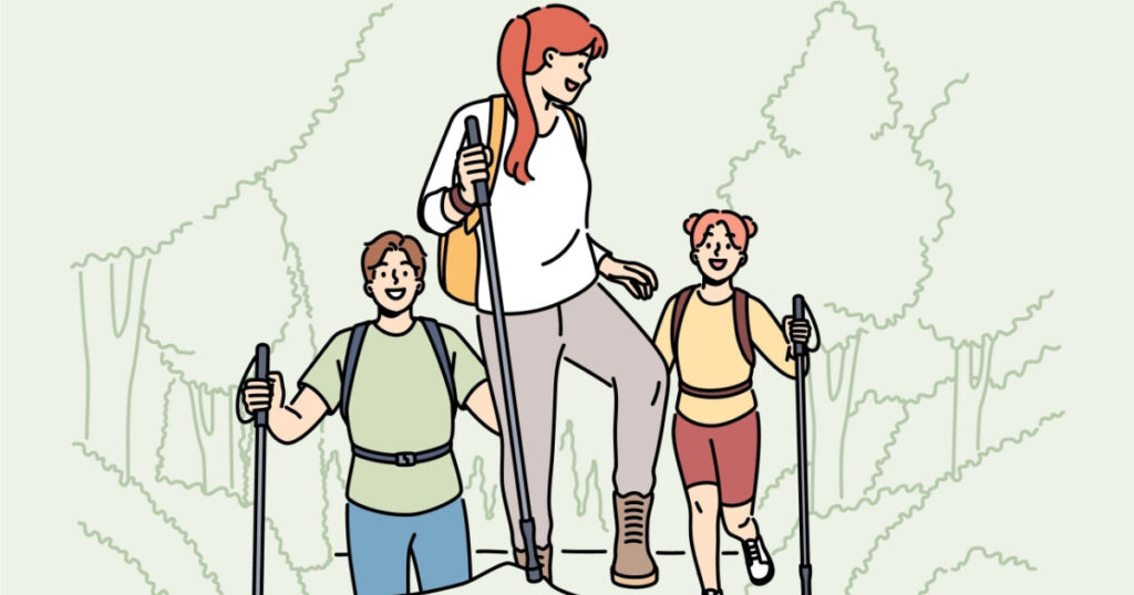 Smiling people with walking canes hiking in mountains in summer. Happy hikers climbing on hills enjoy active recreation in forest. Vector illustration.
