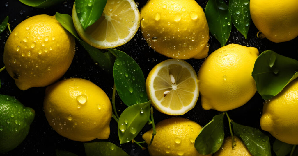 Overhead Shot of Lemons with visible Water Drops. Close up.