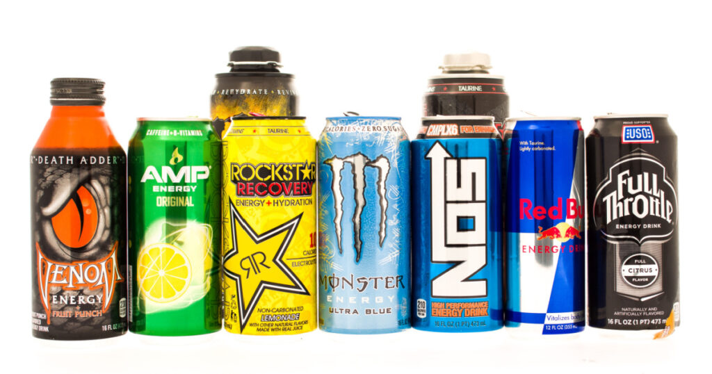 Winneconne, WI - 27 July 2015: Some of the biggest energy drinks on the consumer market. Red Bull, Monster, Amp, Rockstar, Full Throttle, NOS and Venom
