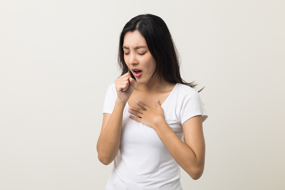Women have throat irritation, mucus and coughing. Fever headache respiratory tract infection. Female unhealthy Sickness need to consult a doctor and get treatment. On isolated white background.