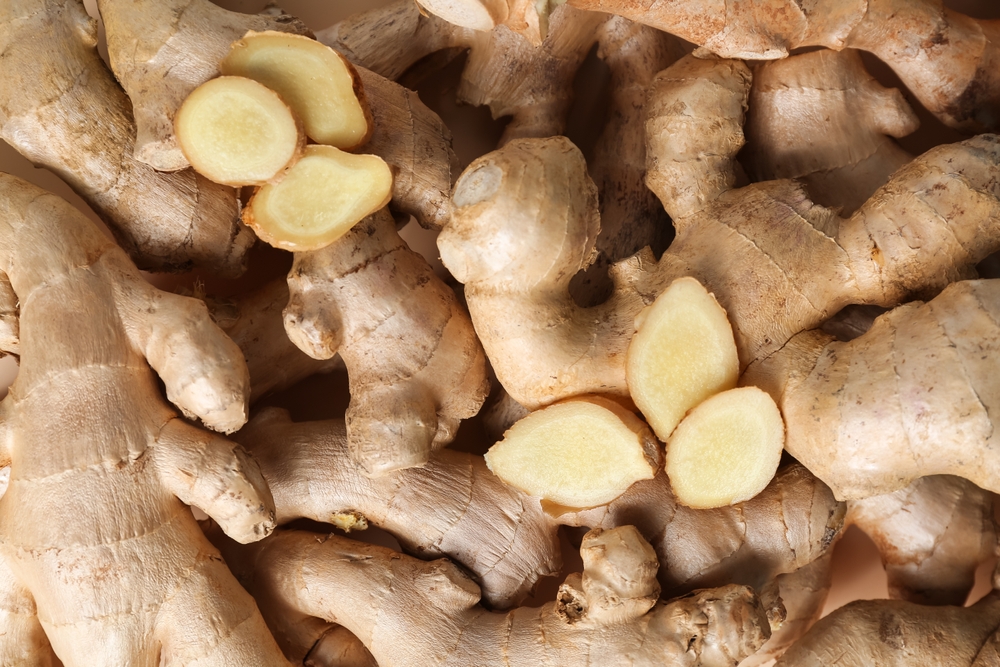 Texture of fresh ginger roots as background